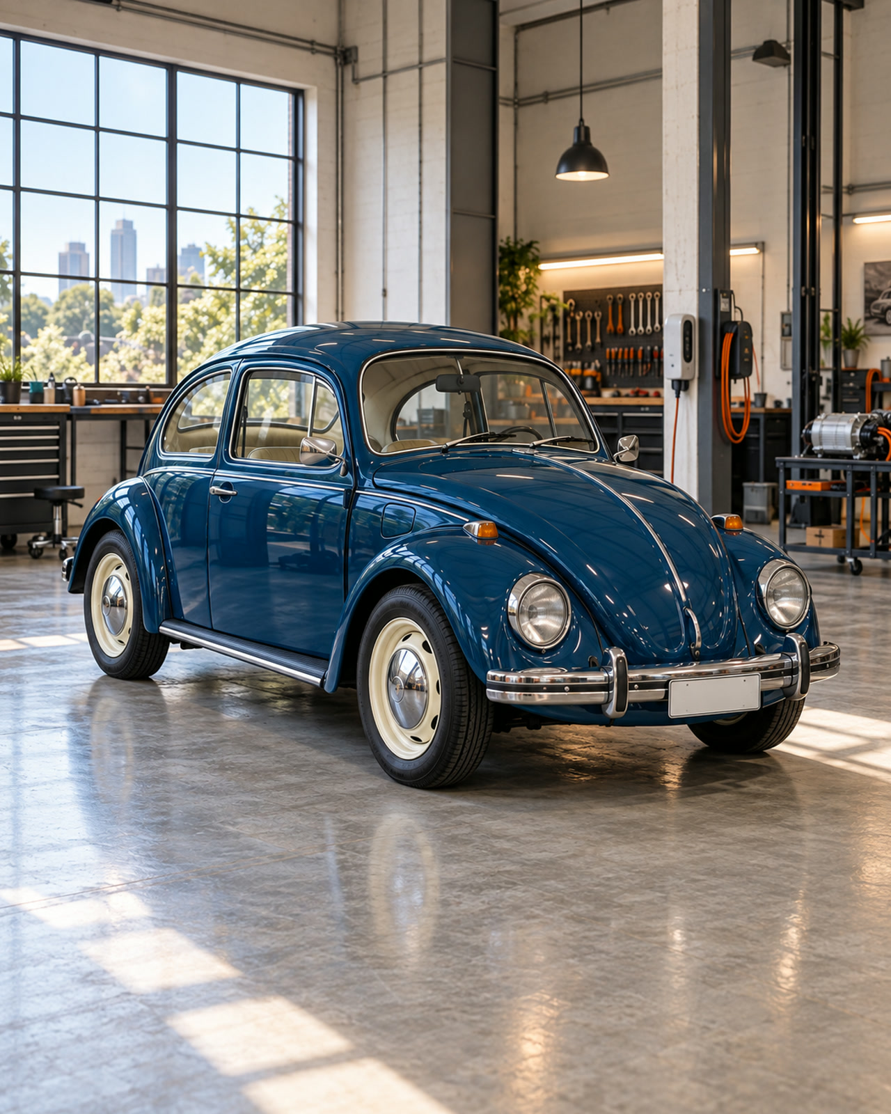 Fusca 1972 azul-petróleo visto em três quartos dentro de uma oficina clara, com carregador de parede ao fundo