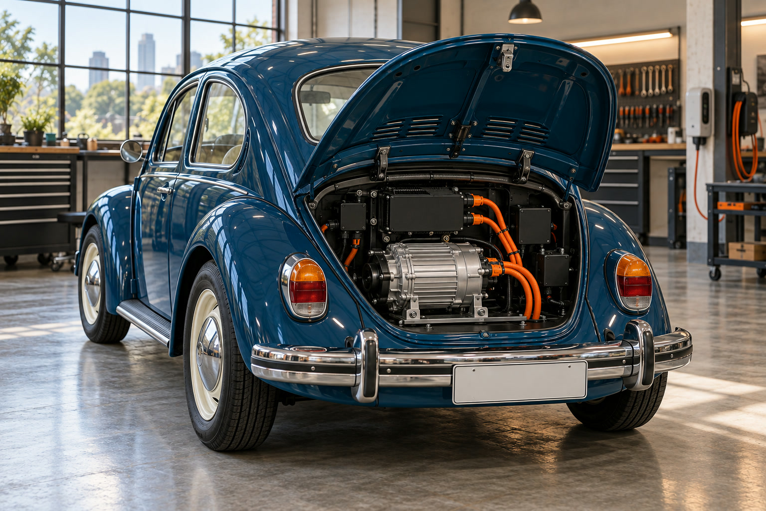 Tampa traseira do Fusca aberta, mostrando o motor elétrico compacto no lugar do motor a gasolina
