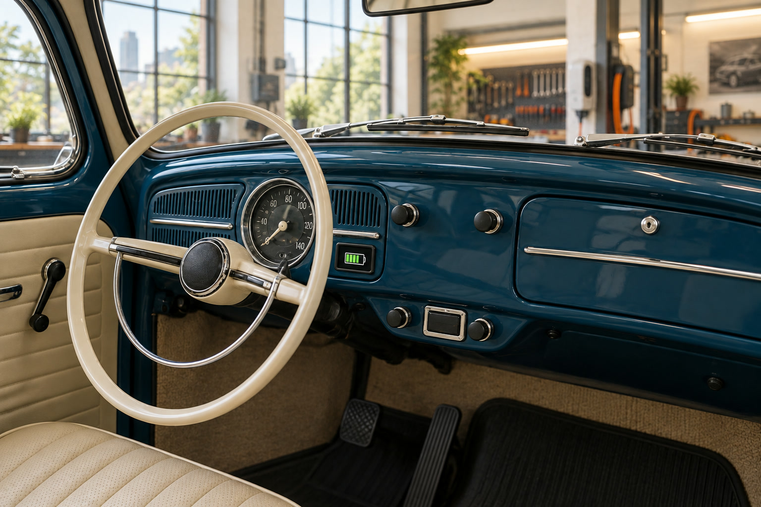 Painel de época do Fusca, com volante marfim, conta-giros original e um indicador de carga discreto