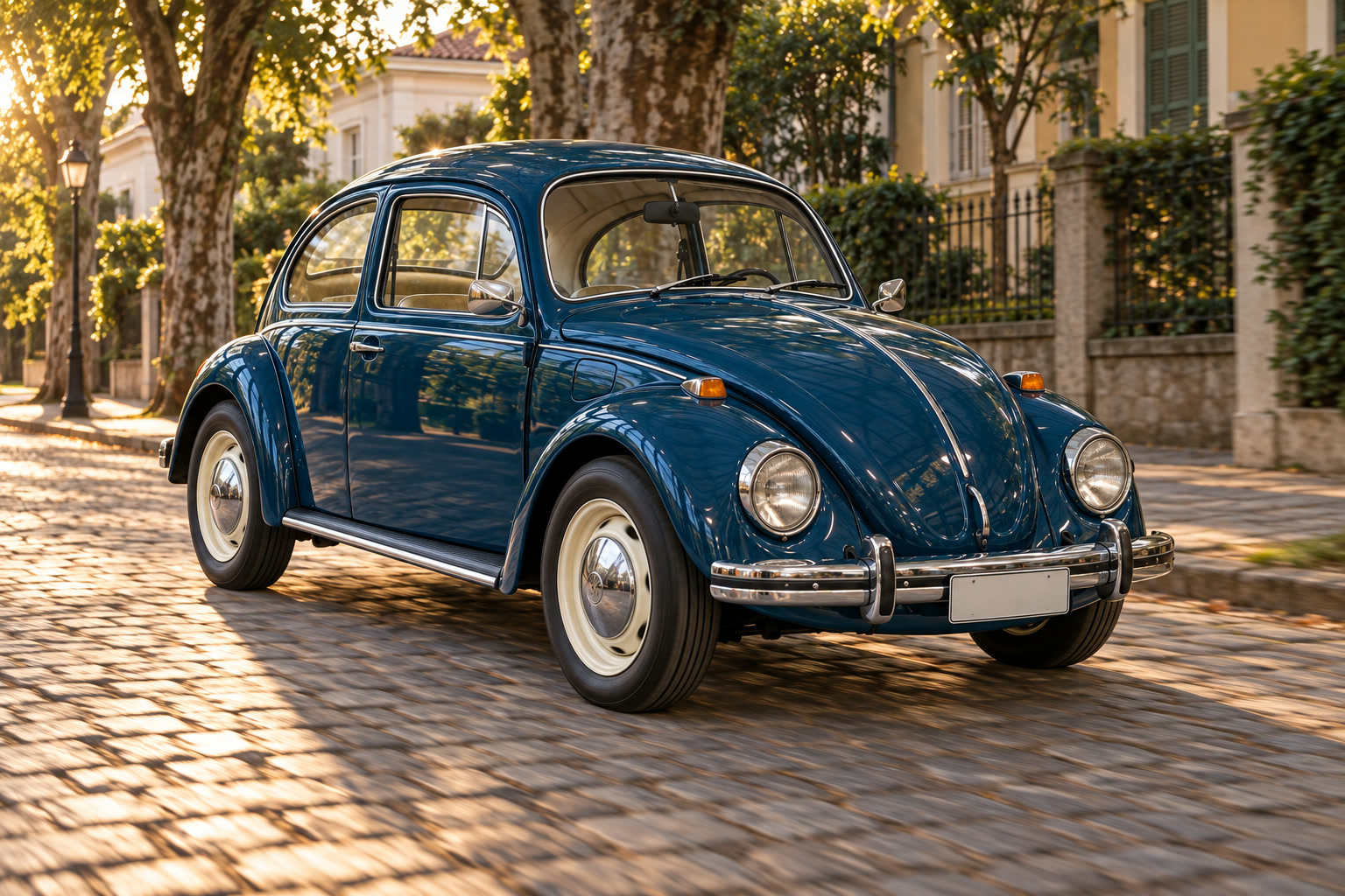 O mesmo Fusca azul-petróleo parado numa rua de paralelepípedo arborizada, no fim da tarde